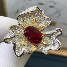 Load image into Gallery viewer, 3.53 Carat Oval Cut Three Petal Flower Halo Red Lab Ruby- 9K, 14K, 18K Solid Gold and 950 Platinum