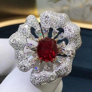 4.68 Carat Cushion Cut Rose Flower Halo Red Lab Ruby- 9K, 14K, 18K Solid Gold and 950 Platinum