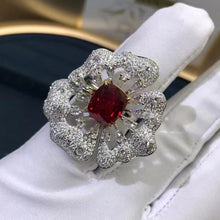 Load image into Gallery viewer, 4.68 Carat Cushion Cut Rose Flower Halo Red Lab Ruby- 9K, 14K, 18K Solid Gold and 950 Platinum