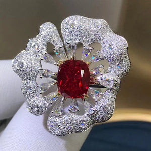 4.68 Carat Cushion Cut Rose Flower Halo Red Lab Ruby- 9K, 14K, 18K Solid Gold and 950 Platinum