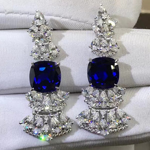 Beautiful 8.25 Carat Blue Cushion Cut Simulated Sapphire Drop Earrings- 9K, 14K, 18K Solid Gold and 950 Platinum