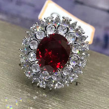 Load image into Gallery viewer, 6.55 Carat Oval Cut Double Halo Burst Red Lab Ruby - 9K, 14K, 18K Solid Gold and 950 Platinum