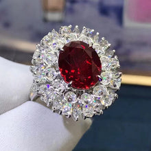 Load image into Gallery viewer, 6.55 Carat Oval Cut Double Halo Burst Red Lab Ruby - 9K, 14K, 18K Solid Gold and 950 Platinum