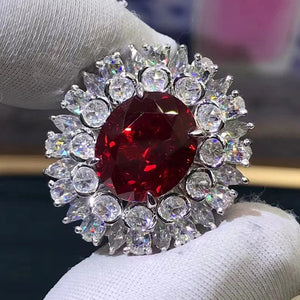 6.55 Carat Oval Cut Double Halo Burst Red Lab Ruby - 9K, 14K, 18K Solid Gold and 950 Platinum