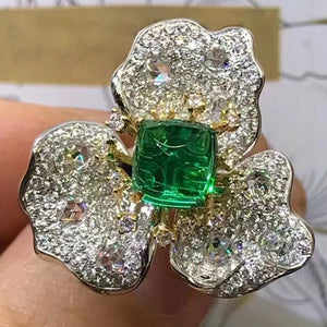 2 Carat Cabochon Cut Three Petal Flower Halo Lab Made Green Emerald Ring - 9K, 14K, 18K Solid Gold and 950 Platinum