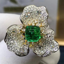 Load image into Gallery viewer, 2 Carat Cabochon Cut Three Petal Flower Halo Lab Made Green Emerald Ring - 9K, 14K, 18K Solid Gold and 950 Platinum