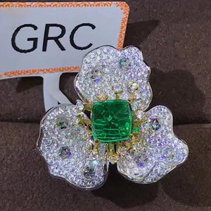 2 Carat Cabochon Cut Three Petal Flower Halo Lab Made Green Emerald Ring - 9K, 14K, 18K Solid Gold and 950 Platinum