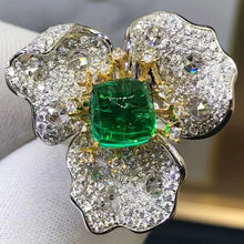 Load image into Gallery viewer, 2 Carat Cabochon Cut Three Petal Flower Halo Lab Made Green Emerald Ring - 9K, 14K, 18K Solid Gold and 950 Platinum