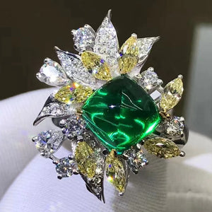 3.62 Carat Cabochon Cut Two-tone Lab Made Green Emerald Ring - 9K, 14K, 18K Solid Gold and 950 Platinum