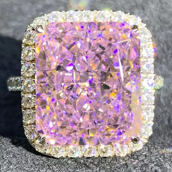 8 Carat Pink Radiant Cut Halo French Pave VVS Moissanite Ring