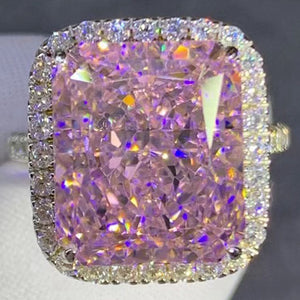 8 Carat Pink Radiant Cut Halo French Pave VVS Moissanite Ring
