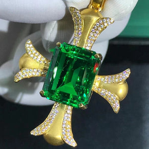10.2 Carat Emerald Cut Two-tone Lab Made Green Emerald Pendant- 9K, 14K, 18K Solid Gold and 950 Platinum