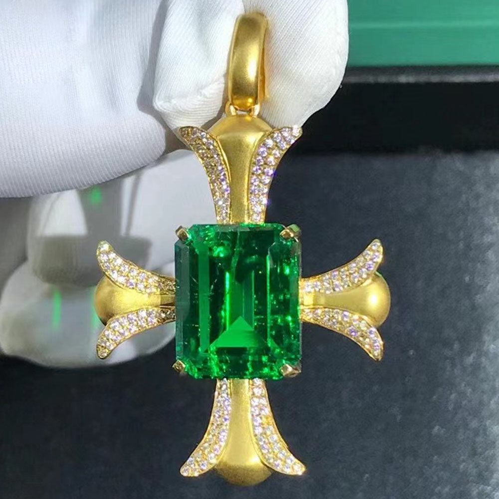 10.2 Carat Emerald Cut Two-tone Lab Made Green Emerald Pendant- 9K, 14K, 18K Solid Gold and 950 Platinum