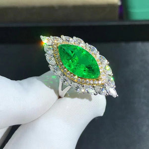 BIG 4.64 Carat Marquise Cut Double Halo Lab Green Emerald Two-tone 9K Gold Ring