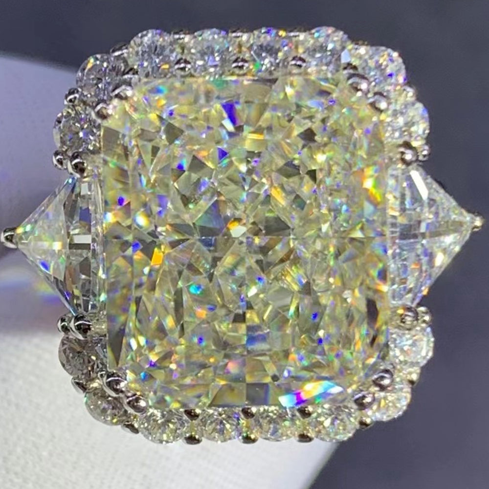 8 Carat Cushion Moissanite Ring K-M Color 3 Stone Double Prong Halo Straight Shank