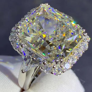 8 Carat Cushion Moissanite Ring K-M Color 3 Stone Double Prong Halo Straight Shank