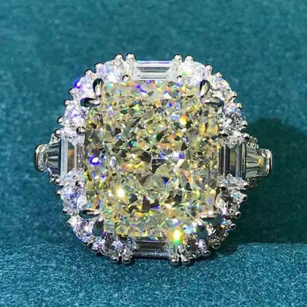8 Carat Cushion Cut Moissanite Ring K-M Colorless Double Claw Halo Three Stone