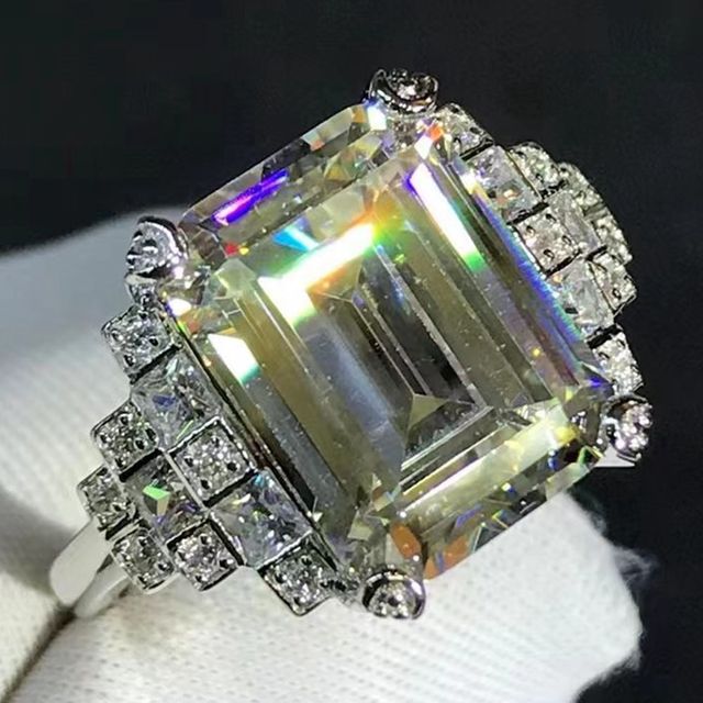5 Carat Emerald Cut Moissanite Ring Side Stone Plain Shank VVS K-M Colorless