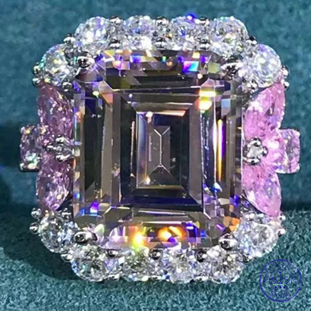 6 Carat Pink Emerald Cut Halo Plain Shank VVS Moissanite Ring