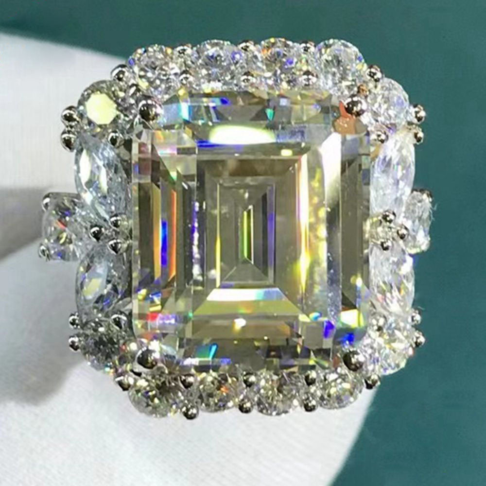 6 Carat Emerald Cut Moissanite Ring Halo Plain Shank VVS K-M Colorless