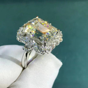 6 Carat K-M Colorless Emerald Cut Halo Plain Shank VVS Simulated Sapphire Ring