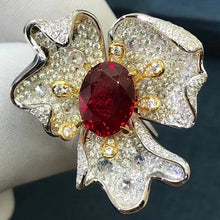 Load image into Gallery viewer, 3 Carat Red Oval Cut 3 Petal Flower Halo Red Lab Ruby Simulated Sapphire Ring