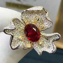 Load image into Gallery viewer, 3 Carat Red Oval Cut 3 Petal Flower Halo Red Lab Ruby Simulated Sapphire Ring