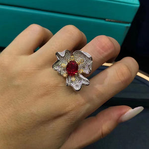 3 Carat Red Oval Cut 3 Petal Flower Halo Red Lab Ruby Simulated Sapphire Ring