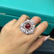 Load image into Gallery viewer, 5 Carat Cushion Cut Rose Flower Halo Red Lab Ruby Simulated Sapphire Ring