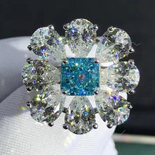Load image into Gallery viewer, HUGE 6 CTW Blue Radiant &amp; Pear Cut Halo 9 Stone Bead-set Simulated Aquamarine Ring