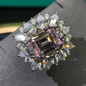 5 Carat K-M Colorless Emerald Cut Starburst Halo VVS Simulated Sapphire Ring