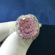 Load image into Gallery viewer, 8 Carat Pink Cushion Cut Double Claw Halo Three Stone Moissanite Ring