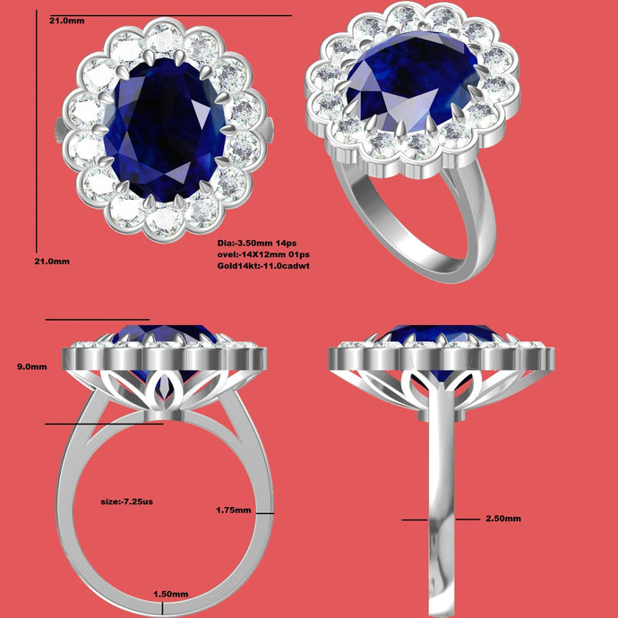 8 Carat Oval Cut Pt 950 Dark Blue Color Halo Tulip Set Cathedral Euro Shank Lab Grown Sapphire Ring - Custom Order