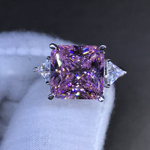Load image into Gallery viewer, 6 Carat K-M Colorless Square Radiant Cut 4 Claw Three Stone Cathedral Plain Shank Simulated Sapphire Ring