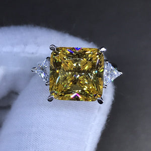 6 Carat K-M Colorless Square Radiant Cut 4 Claw Three Stone Cathedral Plain Shank Simulated Sapphire Ring