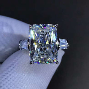 6 Carat K-M Colorless Elongated Cushion Cut Three Stone Simulated Sapphire Ring