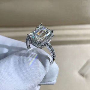 3 Carat Emerald Cut Moissanite Ring Halo French Pave VVS K-M Colorless