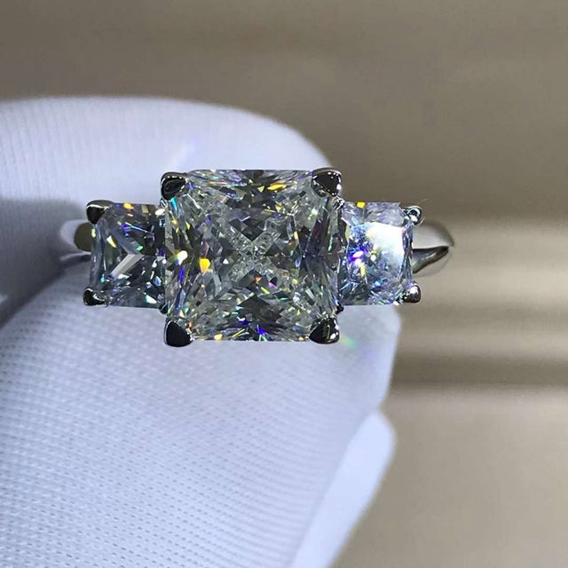 2 Carat K-M Colorless Radiant Cut Three Stone Plain Shank VVS Simulated Sapphire Ring