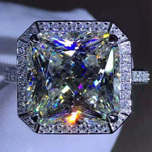 Load image into Gallery viewer, 6 Carat K-M Colorless Radiant Cut Bead-set Double Edge Halo Pave Wrap Simulated Sapphire Ring