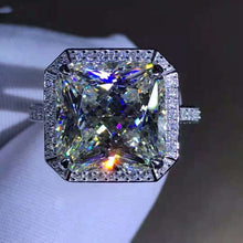 Load image into Gallery viewer, 6 Carat K-M Colorless Radiant Cut Bead-set Double Edge Halo Pave Wrap Simulated Sapphire Ring