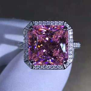 6 Carat Pink Radiant Cut Bead-set Double Edge Halo Pave Wrap Moissanite Ring