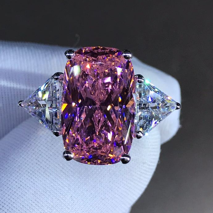 8 Carat Pink Elongated Cushion Cut Three Stone Reverse Tapered Moissanite Ring