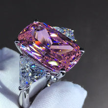 Load image into Gallery viewer, 8 Carat Pink Elongated Cushion Cut Three Stone Reverse Tapered Moissanite Ring