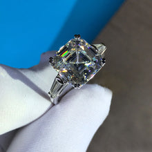 Load image into Gallery viewer, 5 Carat K-M Colorless Asscher Cut Three Stone Double Claw Cathedral Simulated Sapphire Ring