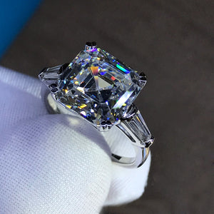 5 Carat K-M Colorless Asscher Cut Three Stone Double Claw Cathedral Simulated Sapphire Ring