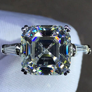 5 Carat K-M Colorless Asscher Cut Three Stone Double Claw Cathedral Simulated Sapphire Ring