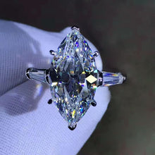 Load image into Gallery viewer, 5 Carat K-M Colorless Marquise cut 6 Prong Three Stone Basket Simulated Sapphire Ring