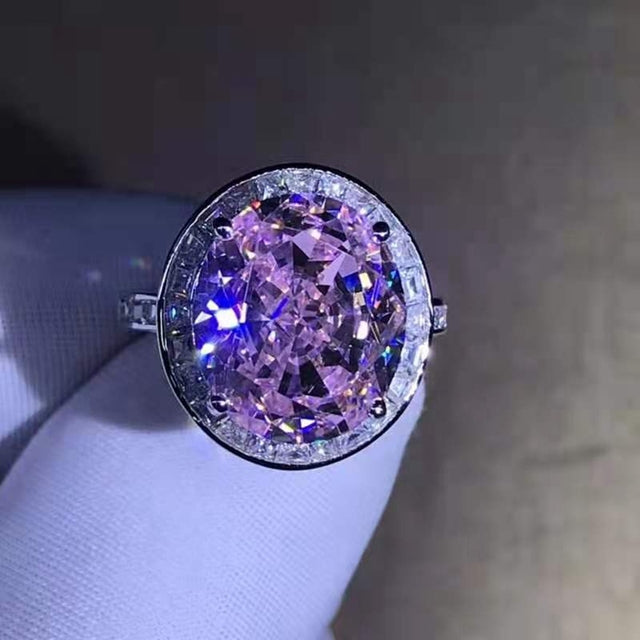8 Carat Pink Oval Cut Halo Bead-set Cathedral VVS Moissanite Rings