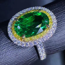 Load image into Gallery viewer, 2.72 Carat Oval Cut Two-tone Double Halo Lab Made Green Emerald Ring - 9K, 14K, 18K Solid Gold and 950 Platinum