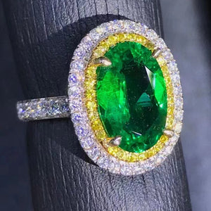 2.72 Carat Oval Cut Two-tone Double Halo Lab Made Green Emerald Ring - 9K, 14K, 18K Solid Gold and 950 Platinum